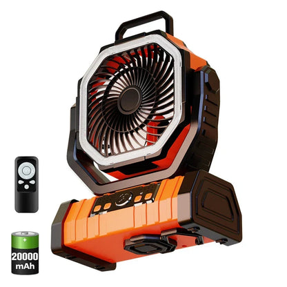 20000mAh Portable Rechargeable Fan — Battery-Operated Table & Camping Fan with LED Light & Hook for Tent, Car and Outdoor Trips | Karnz