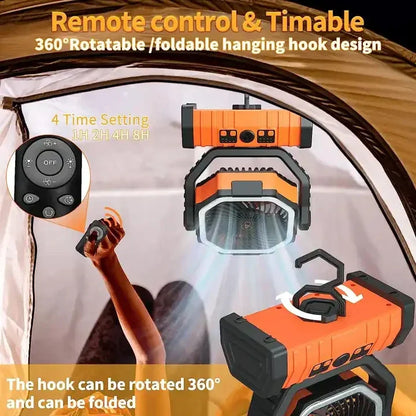 20000mAh Portable Rechargeable Fan — Battery-Operated Table & Camping Fan with LED Light & Hook for Tent, Car and Outdoor Trips | Karnz