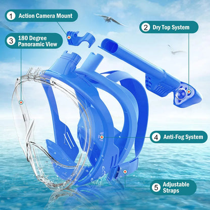 Skanto | Full Face Snorkel Mask with Camera Mount - Wide Angle, Anti-Fog, Anti-Leak Diving and Snorkeling Mask for Adults and Kids