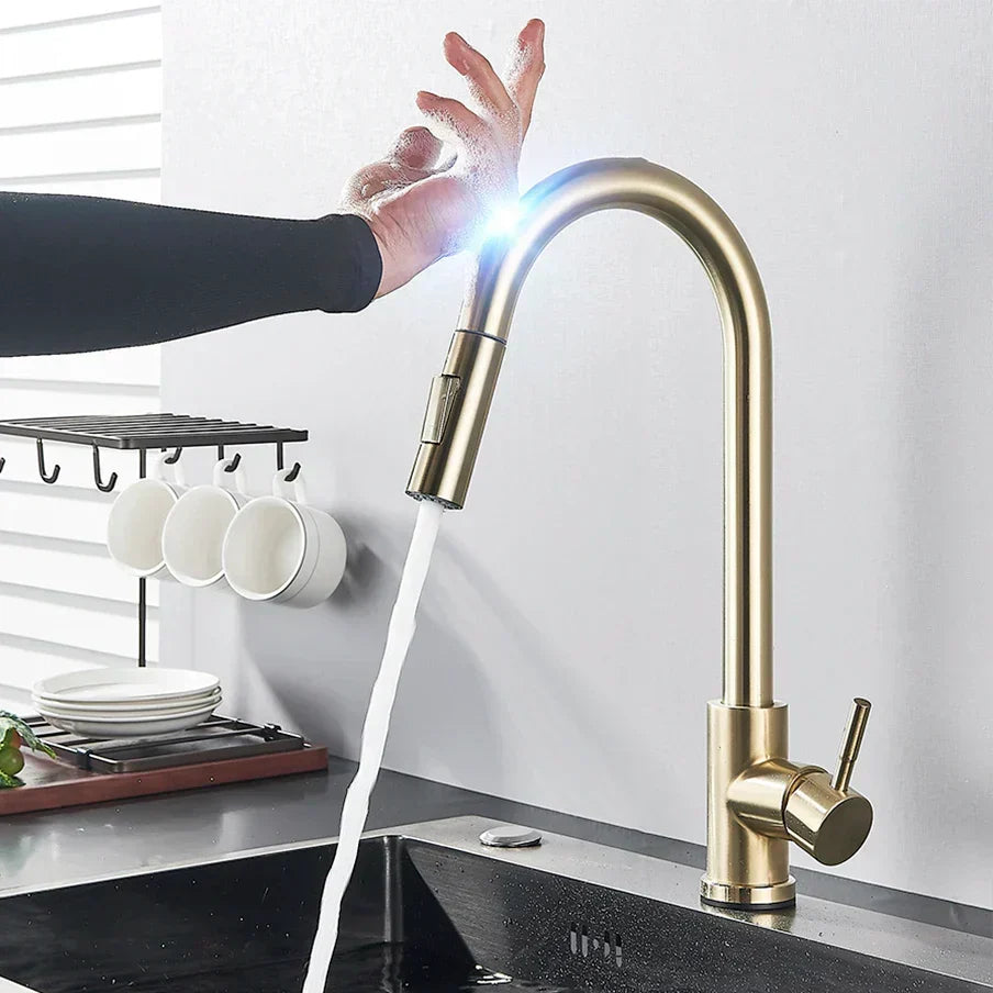 BowLift | SmartTouch | Kitchen Faucet with Touch Sensor and Pull-Out Spray Head – Brushed Nickel