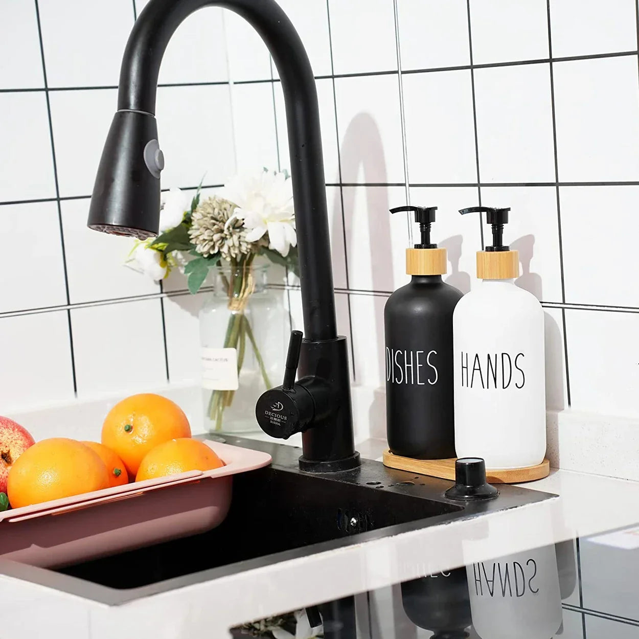 Skanto | Black Dish Soap Dispenser Set for Kitchen Sink - Refillable Bottles for Hand Soap and Dish Soap Storage