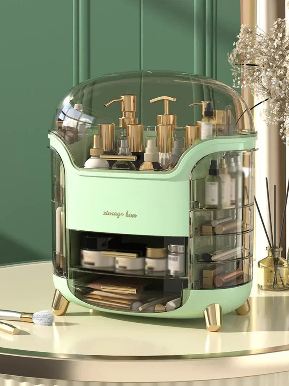 Luxury Transparent Makeup Organizer with Rotating Doors and Drawers | Kalsten