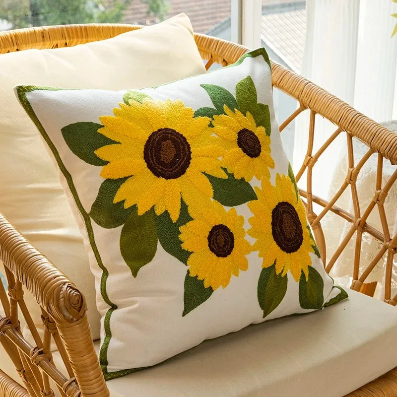 BowLift | Cotton Embroidered Decorative Pillow 45x45 cm with Sunflower Pattern
