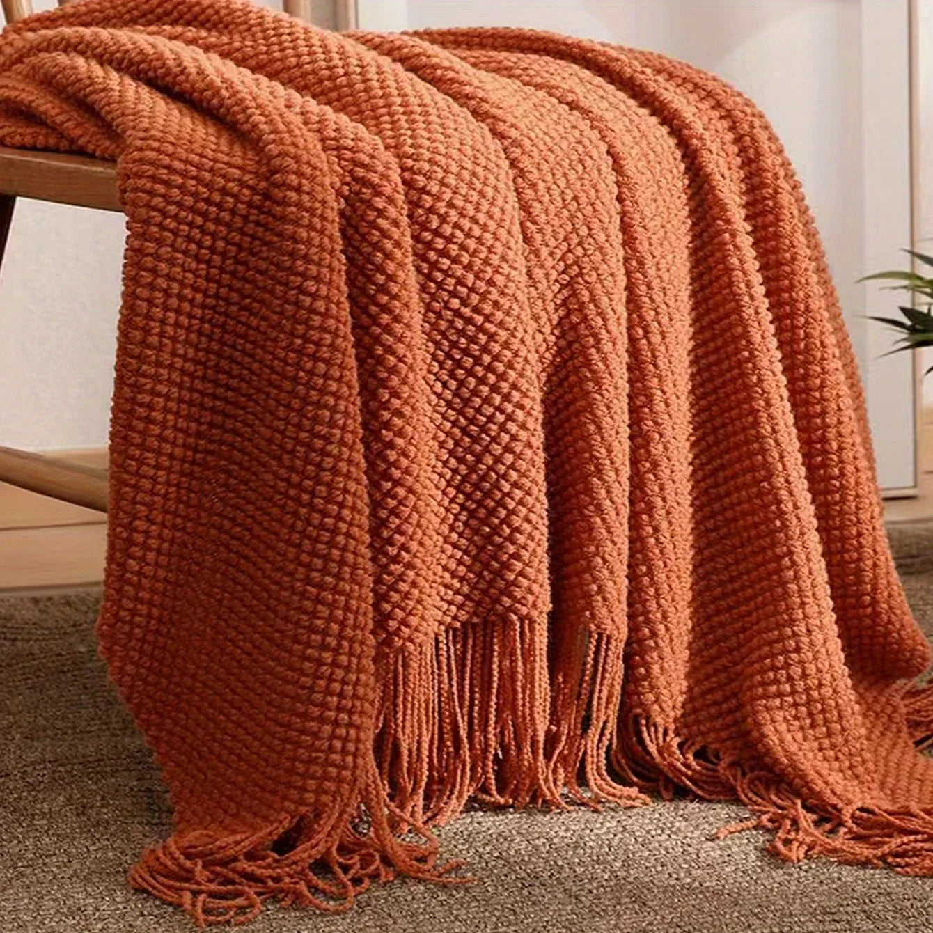 BowLift | Aurelia Cozy Tassel Knitted Blanket in Morandi Orange | Soft & Warm | 3 Sizes | For Sofa, Bed & Travel