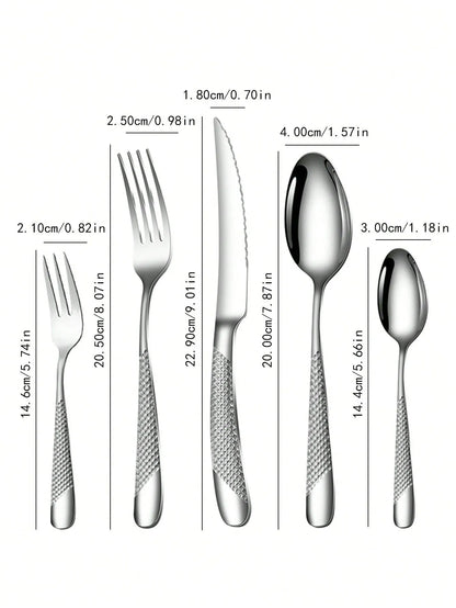 Skanto | High-Quality Stainless Steel Silver Star Diamond Cutlery Set - Includes Knife, Fork, Spoon & Dessert Fork & Spoon - 6-Piece/30-Piece Options