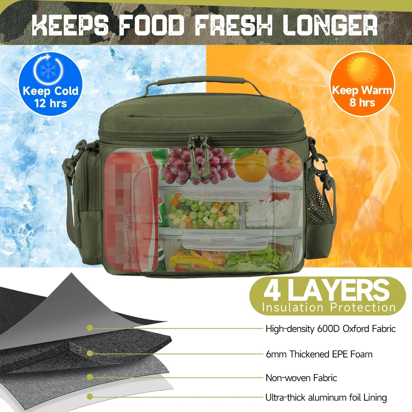 Skanto | Men's Military Tactical Lunch Box - Rugged, Leak-Proof, Insulated Thermal Cooler Bag for Work, Camping, Picnic Meals
