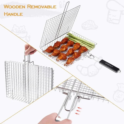 Skanto | Large Stainless Steel Grill Basket – Foldable BBQ Rack for Fish, Portable Outdoor Camping & Kitchenware