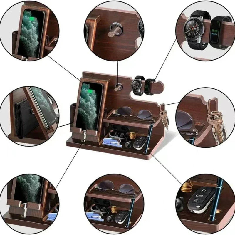 Skanto | Wooden Nightstand Phone Docking Station – Multifunctional Tray for Wallet, Watch & Storage, Ideal for Valentine's Day