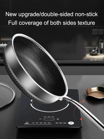 Skanto | Tri-Ply 316 Stainless Steel Wok Pan with Double-Sided Honeycomb Pan - Suitable for All Stoves