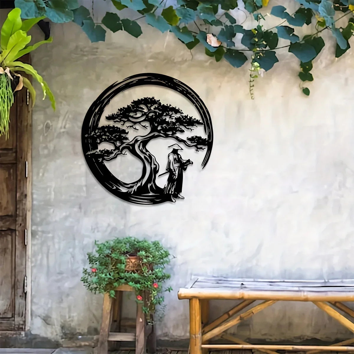 BowLift | ZENORA Metal Wall Decor Bonsai | Japanese Design with Torii & Enso | 40 × 40 cm