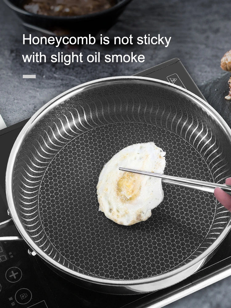 Skanto | Tri-Ply 316 Stainless Steel Wok Pan with Double-Sided Honeycomb Pan - Suitable for All Stoves