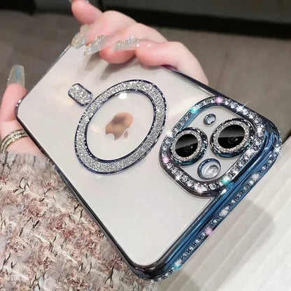 Luxury Glitter Bling MagSafe Case with Crystal Lens for iPhone 15 16 11 12 13 14 Pro Max 16 Plus Magnetic Wireless Charging Clear Case