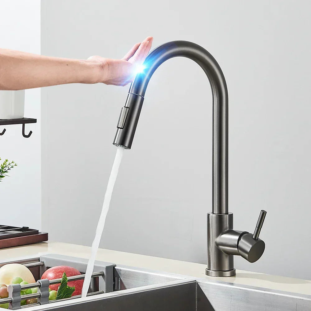 BowLift | SmartTouch | Kitchen Faucet with Touch Sensor and Pull-Out Spray Head – Brushed Nickel