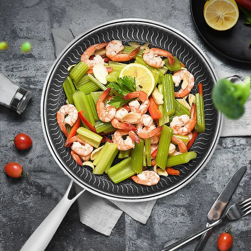 Skanto | Tri-Ply 316 Stainless Steel Wok Pan with Double-Sided Honeycomb Pan - Suitable for All Stoves