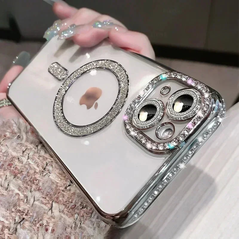 Luxury Glitter Bling MagSafe Case with Crystal Lens for iPhone 15 16 11 12 13 14 Pro Max 16 Plus Magnetic Wireless Charging Clear Case