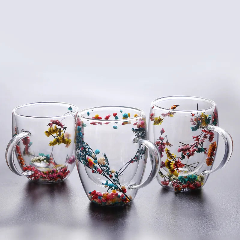 2pcs Dried Flowers Double-Walled Glass Mug