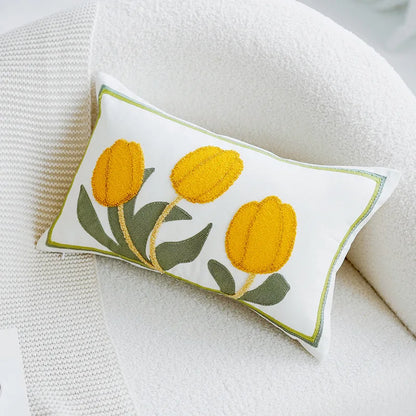 Green & Pink Tulip Embroidered Pillow Cover | Bowlift