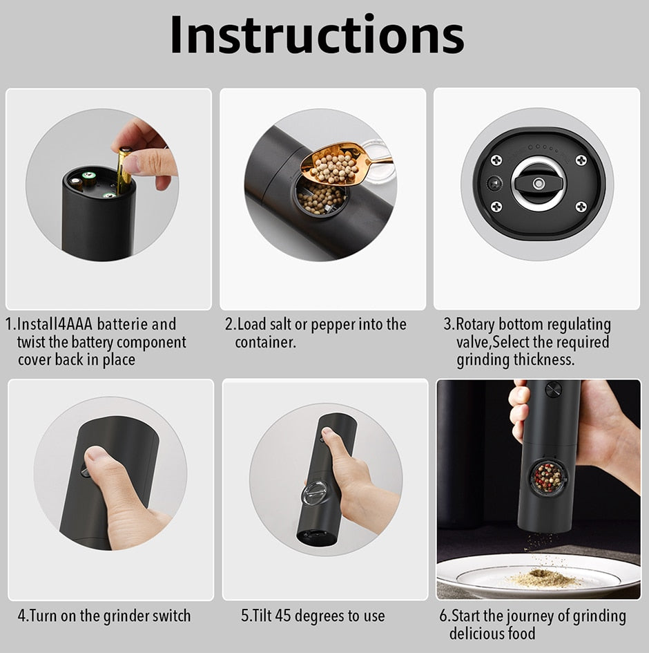 Skanto | Electric Automatic Pepper and Salt Grinder with LED Light and Adjustable Grind - Perfect for Kitchen or Restaurant