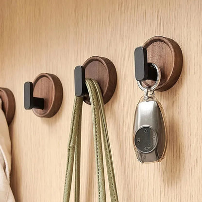 BowLift | Self-adhesive wooden wall hooks Nordiva WoodCircle | Walnut wood | Decorative hook for keys, towels & clothing | Bathroom, kitchen & hallway