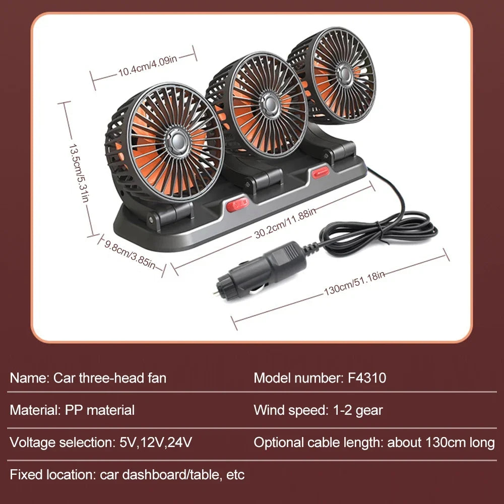 360° Adjustable Car Fan - 3-Head Automotive Electric Fan - USB/12V/24V - 2 Speeds - Quiet Cooling for Home, Desk, Office & Car | Karnz