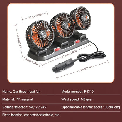 360° Adjustable Car Fan - 3-Head Automotive Electric Fan - USB/12V/24V - 2 Speeds - Quiet Cooling for Home, Desk, Office & Car | Karnz