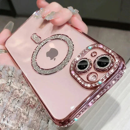 Luxury Glitter Bling MagSafe Case with Crystal Lens for iPhone 15 16 11 12 13 14 Pro Max 16 Plus Magnetic Wireless Charging Clear Case