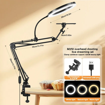 BowLift | LumiFlex LED ring light with flexible arm & phone holder | 3 light colors & USB connection | Perfect for livestream, video & selfie