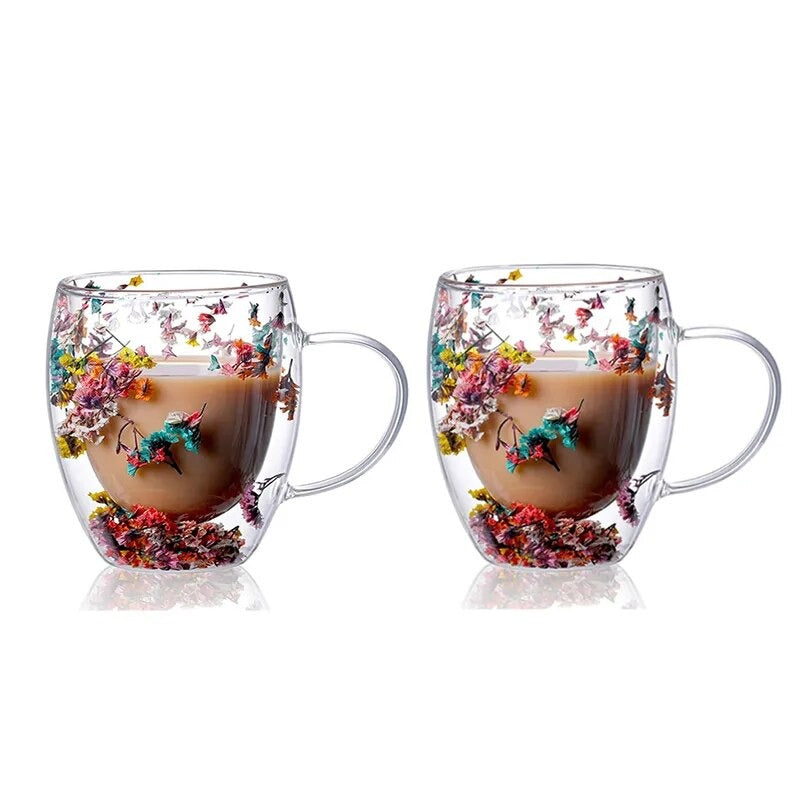 2pcs Dried Flowers Double-Walled Glass Mug