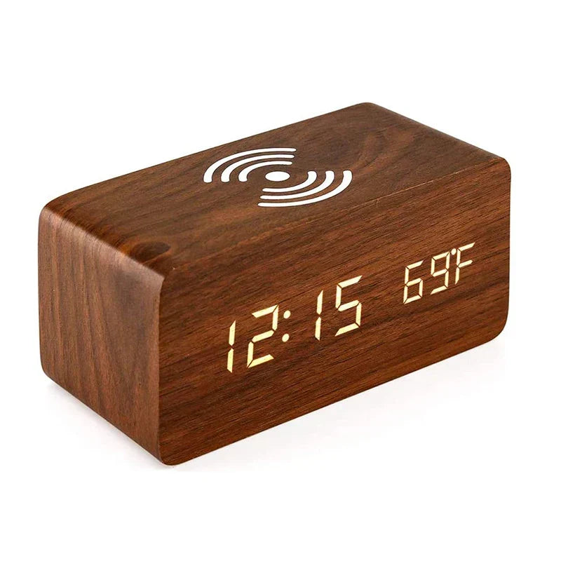 Minimalist LED Wooden Alarm Clock with Temperature Display, Wireless Charging Function and Digital Time Display – Ideal for Bedroom and Office | Brehn