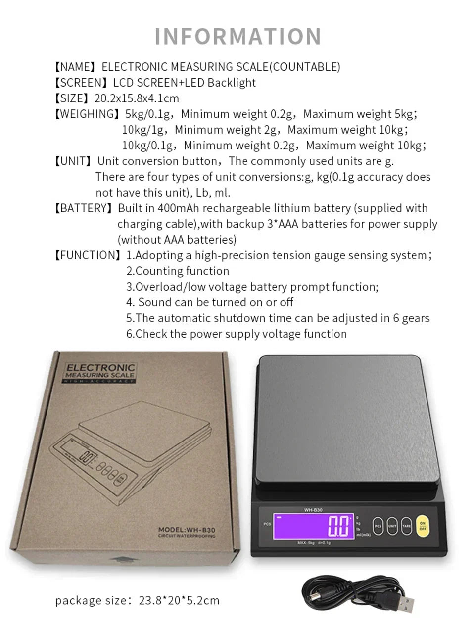 Karnz | 5 kg/0.1 g and 10 kg/1 g digital electronic kitchen scale, LCD display, fully waterproof stainless steel weighing tool for baking