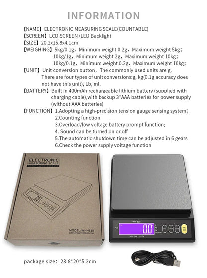 Karnz | 5 kg/0.1 g and 10 kg/1 g digital electronic kitchen scale, LCD display, fully waterproof stainless steel weighing tool for baking