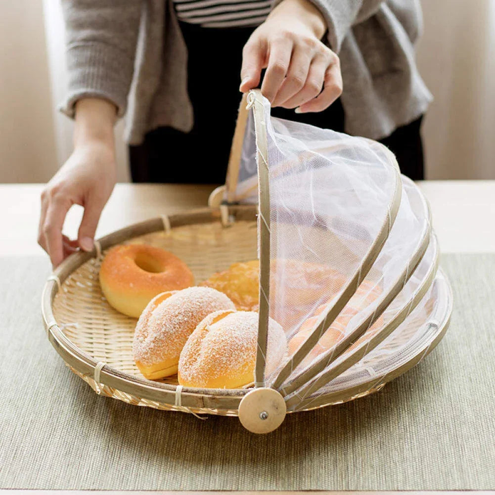 Skanto | Bamboo Woven Basket with Anti-Mosquito Net - Portable Outdoor Fruit and Vegetable Table with Mesh Cover