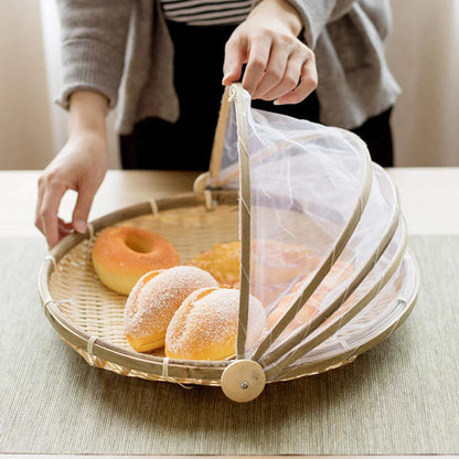 Skanto | Bamboo Woven Basket with Anti-Mosquito Net - Portable Outdoor Fruit and Vegetable Table with Mesh Cover