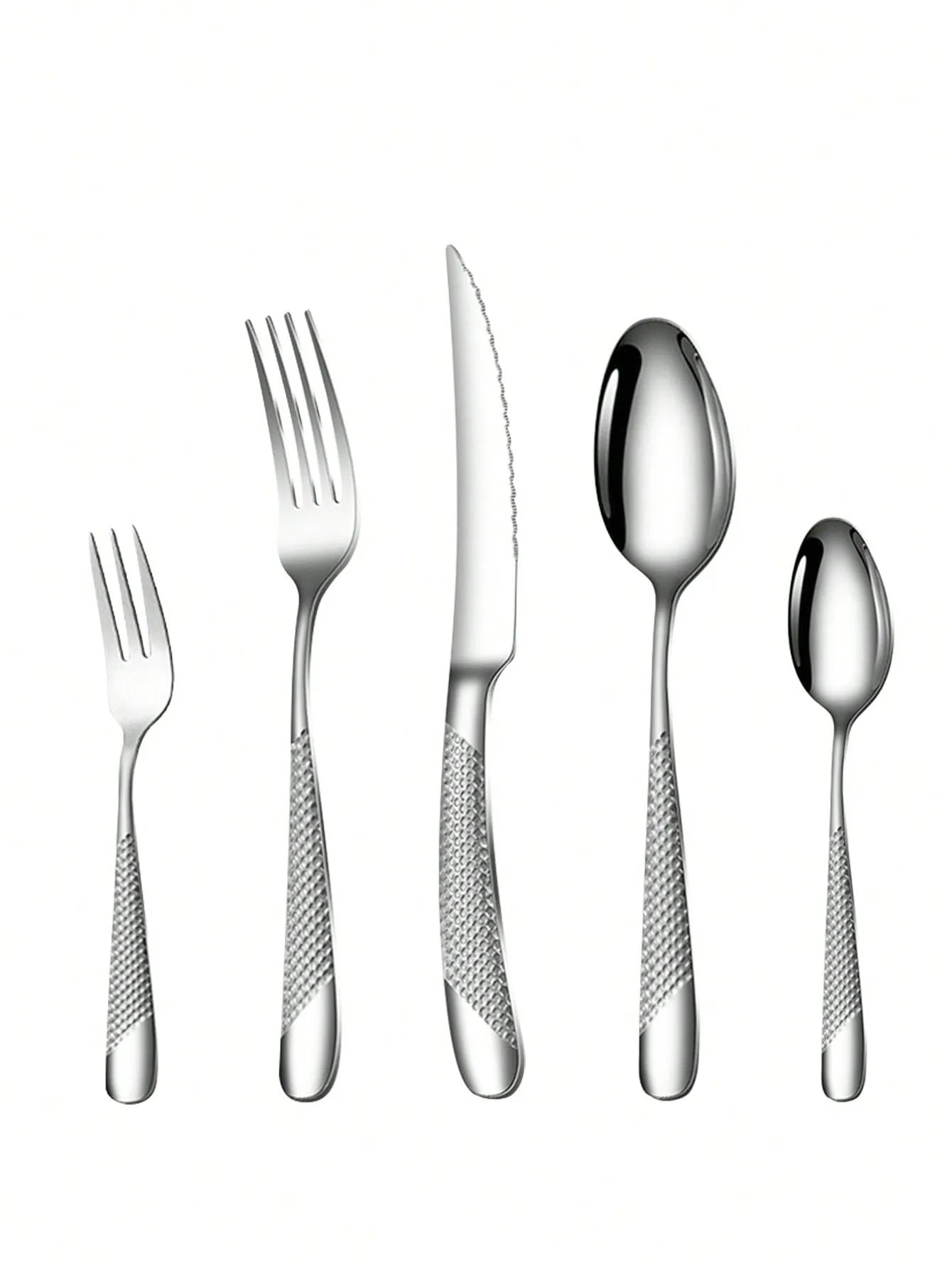 Skanto | High-Quality Stainless Steel Silver Star Diamond Cutlery Set - Includes Knife, Fork, Spoon & Dessert Fork & Spoon - 6-Piece/30-Piece Options