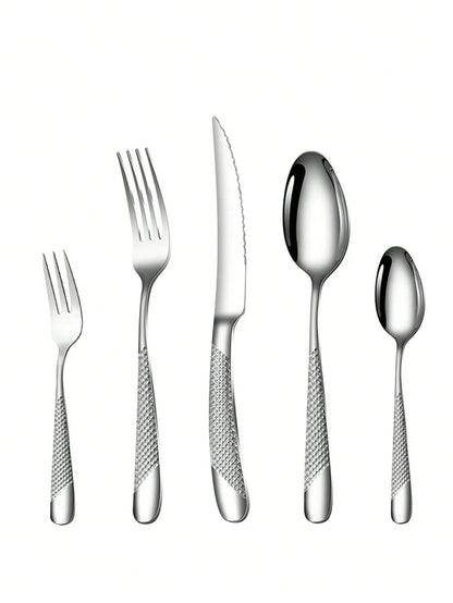 Skanto | High-Quality Stainless Steel Silver Star Diamond Cutlery Set - Includes Knife, Fork, Spoon & Dessert Fork & Spoon - 6-Piece/30-Piece Options