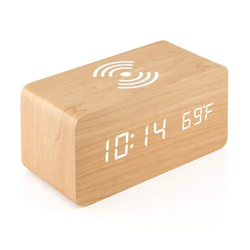 Minimalist LED Wooden Alarm Clock with Temperature Display, Wireless Charging Function and Digital Time Display – Ideal for Bedroom and Office | Brehn