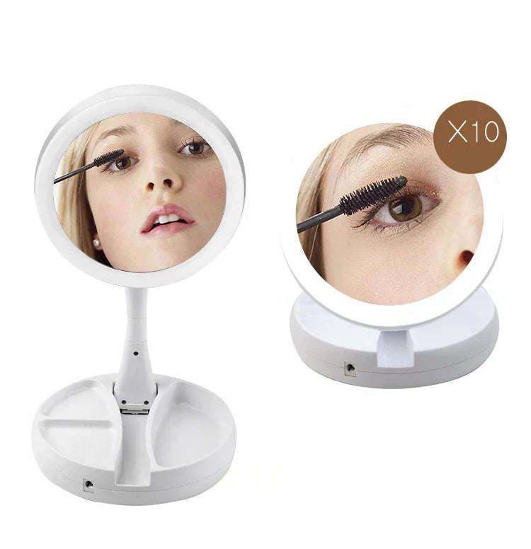 BowLift | Glamora Travel Mirror LED | Double-Sided & 10x Magnification | Foldable & Portable | With Accessory Compartment