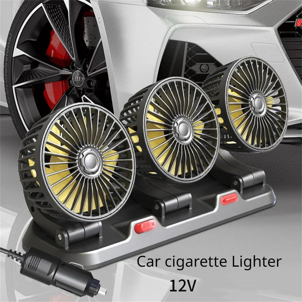 360° Adjustable Car Fan - 3-Head Automotive Electric Fan - USB/12V/24V - 2 Speeds - Quiet Cooling for Home, Desk, Office & Car | Karnz