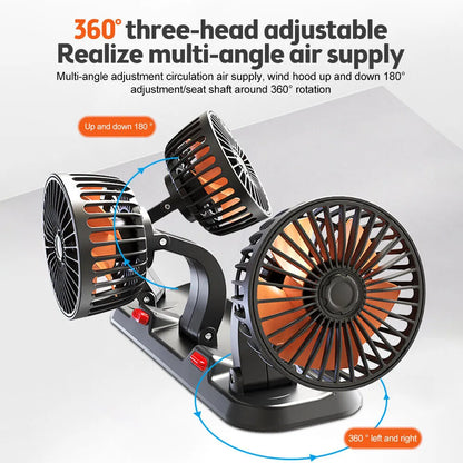 360° Adjustable Car Fan - 3-Head Automotive Electric Fan - USB/12V/24V - 2 Speeds - Quiet Cooling for Home, Desk, Office & Car | Karnz