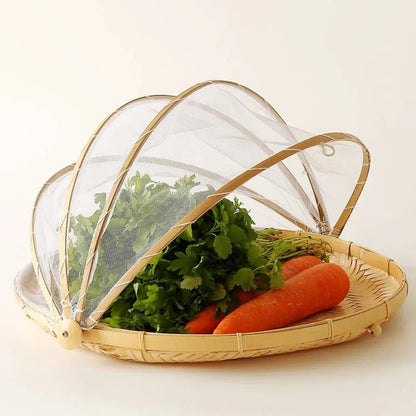 Skanto | Bamboo Woven Basket with Anti-Mosquito Net - Portable Outdoor Fruit and Vegetable Table with Mesh Cover