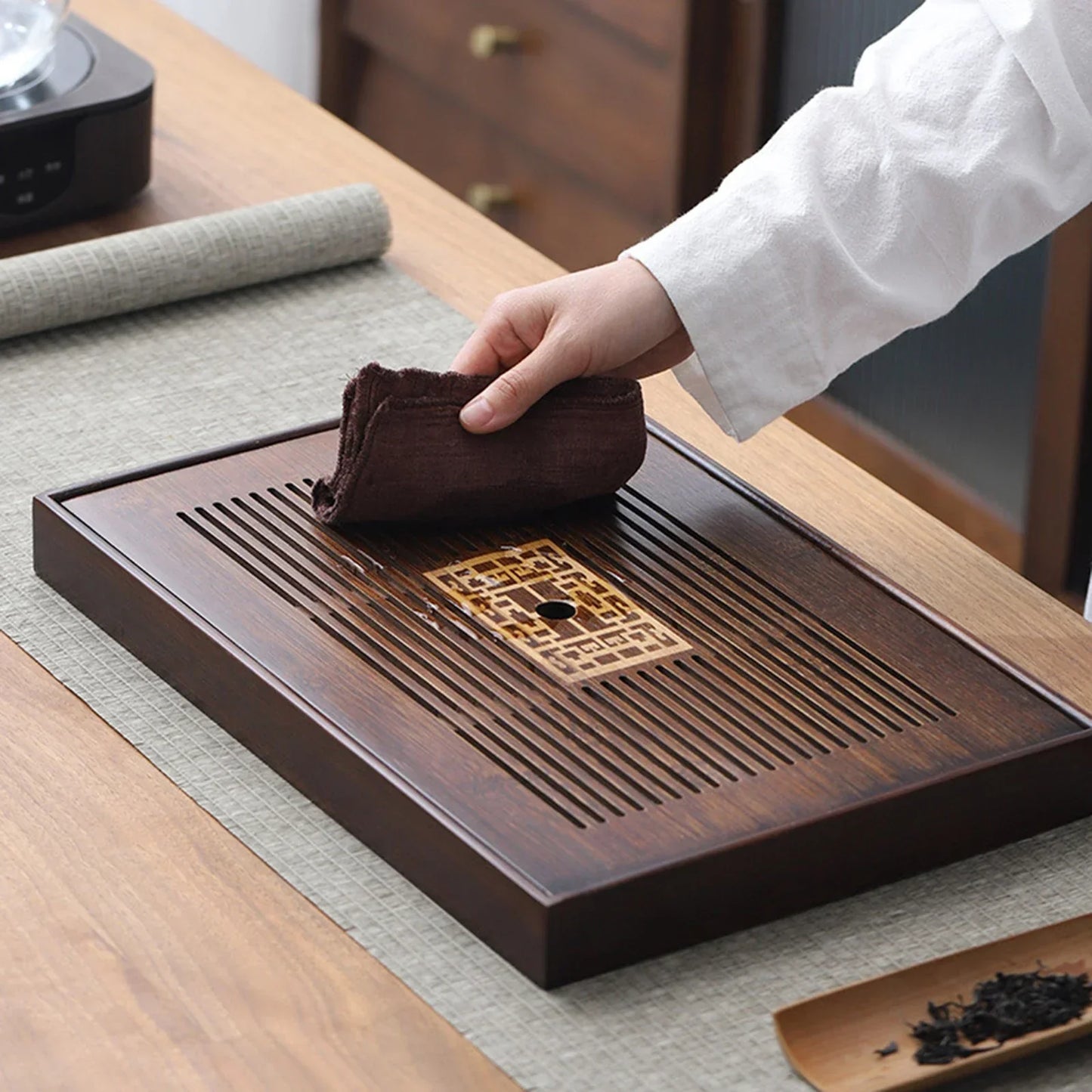 BowLift | Chinese Tea Tray with Water Storage Box Durable Simple Drainage Type Plate Tea Serving Tray for Teahouse Home Household Office
