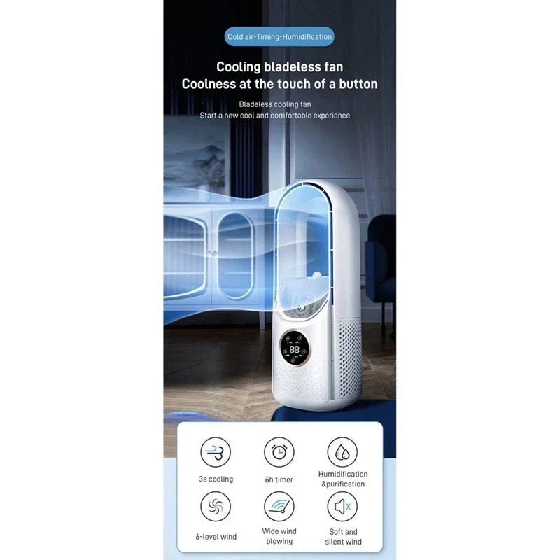 Portable USB Bladeless Air Cooler – Quiet 6-Speed Electric Fan with Timer & Humidifier | Skanto
