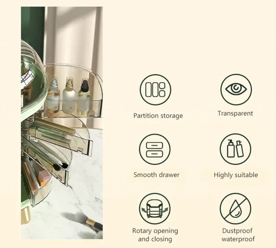 Luxury transparent Make-up Organizer with rotating doors and drawers | Brehn