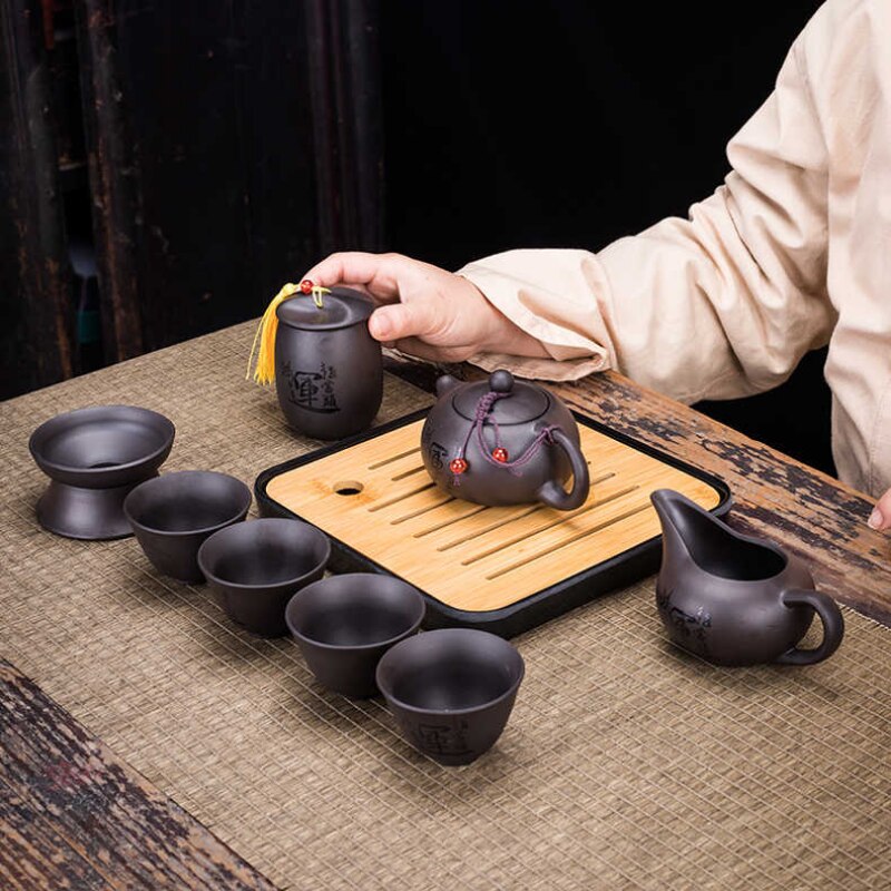 Skanto | 9-Piece Retro Designer Cool Purple Sand Ceramic Teapot Set Travel Kung Fu Tea Set Porcelain Purple Sand Pot Tea Strainer