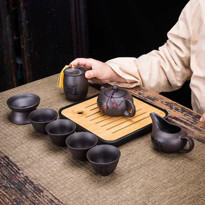 Skanto | 9-Piece Retro Designer Cool Purple Sand Ceramic Teapot Set Travel Kung Fu Tea Set Porcelain Purple Sand Pot Tea Strainer