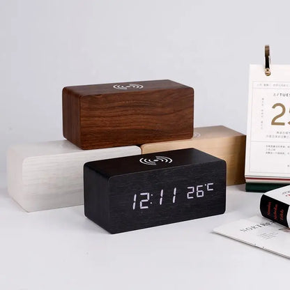 Minimalist LED Wooden Alarm Clock with Temperature Display, Wireless Charging Function and Digital Time Display – Ideal for Bedroom and Office | Brehn