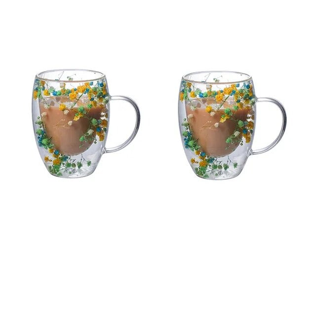 2pcs Dried Flowers Double-Walled Glass Mug