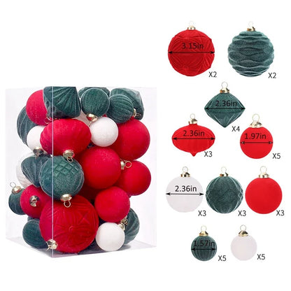Belgian Velvet Christmas Ornaments - Plush Hanging Balls for Festive Home Decor, Holiday Party Decoration 35PCS
