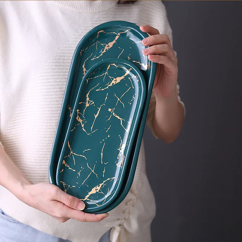 BowLift | Nordic Ins Ceramic Marble Oval Tray Jewelry Storage Tray Accessories Soap Holder Golden Wave Bathroom Cup Bath Decoration