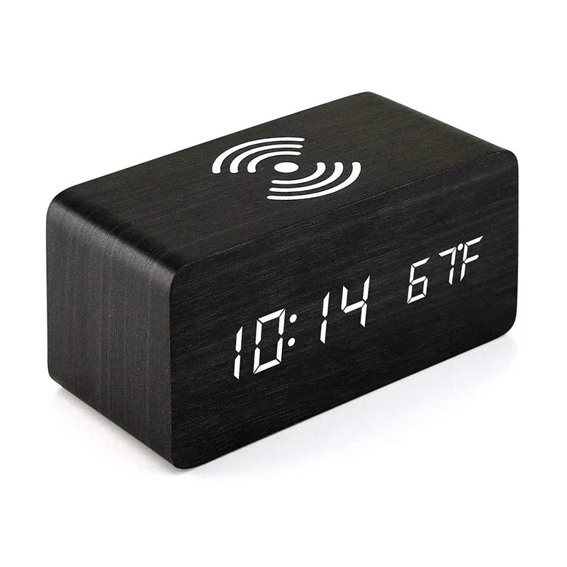 Minimalist LED Wooden Alarm Clock with Temperature Display, Wireless Charging Function and Digital Time Display – Ideal for Bedroom and Office | Brehn